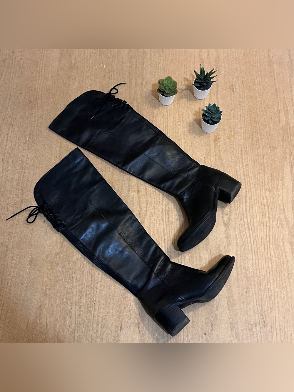 Maddison Black Leather Over the Knee Boots with Lace Up Detail at the top